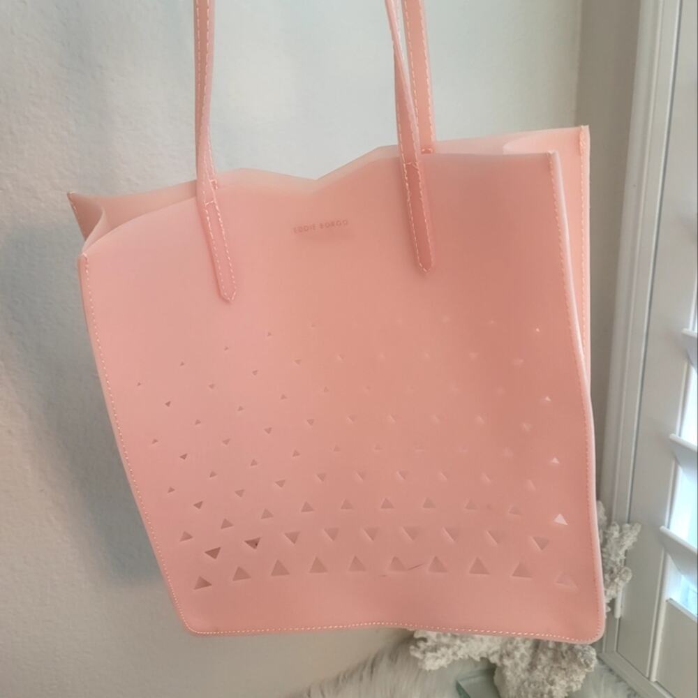 EDDIE BORGO Neiman Marcus Pink Geometric Laser Cut Jelly Tote Bag Open Top Y2K - Picture 9 of 16